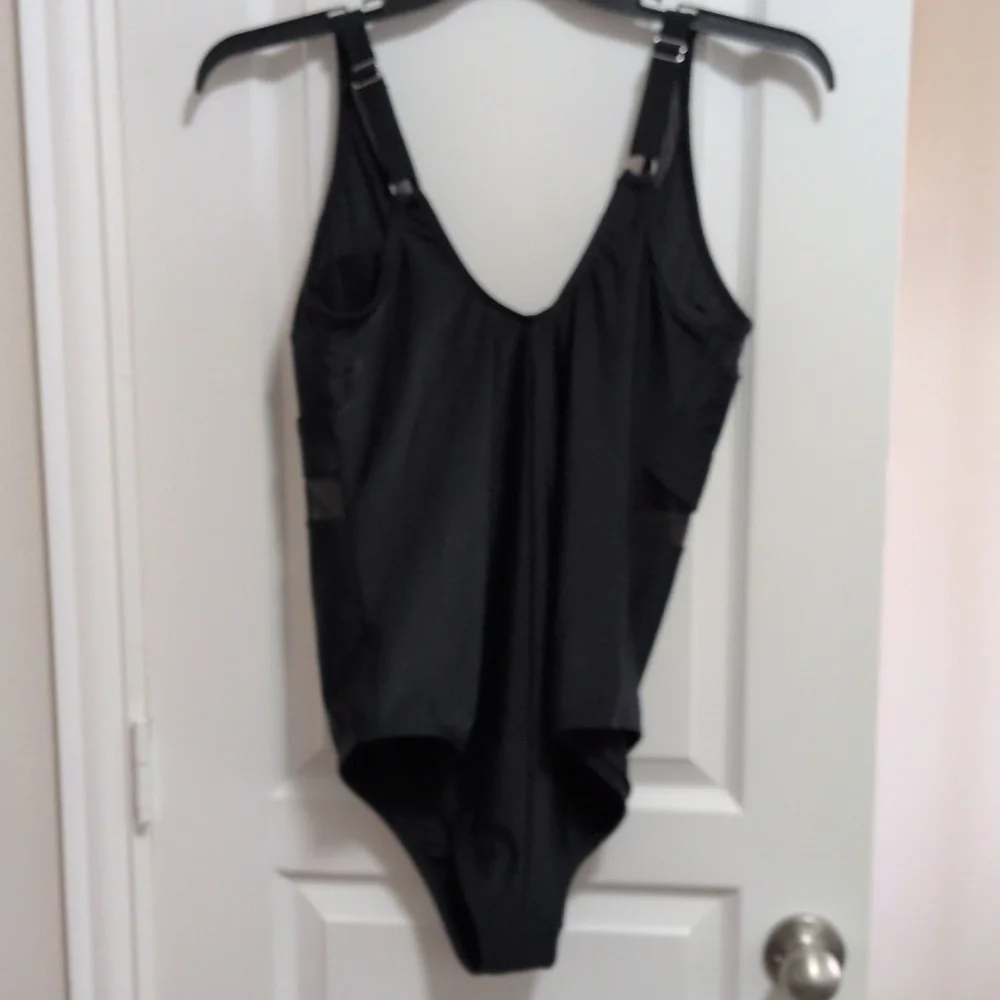Low Cut Black One Piece Bathing Suit With Mesh - Picture 8 of 8